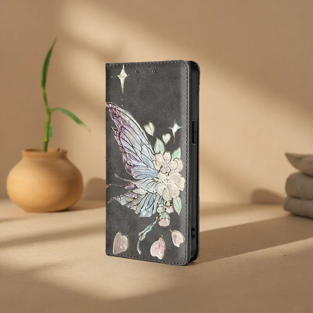 Flip Leather Case - Funda Protectora con Diseño de Mariposas